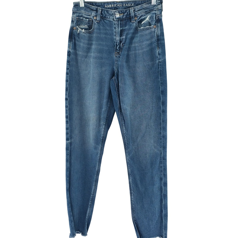 American Eagle Mom Jeans Women 6 Blue Strigid High Rise Distressed Frayed Hem